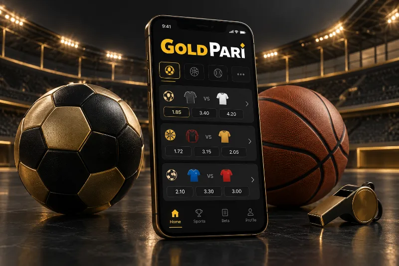 Illustration of sports events and Gold Pari market cards